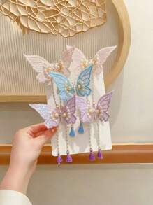 2 piezas Clip de pelo de mujer elegante y dulce con ala de mariposa, clip lateral con borla de perla falsa