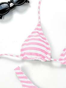 Women's Basic Striped Print Swimsuit, Suitable For Various Occasions From Pool To Beach In Summer, Daily Mini Triangle Bikini Beach Outfit - Pink - View 5