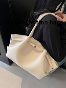 1 件女士大容量手提包，复古压花 PU 皮革，酒红色，带腰带装饰的手提包，时尚复古简约风格，适合女性购物、通勤、日常使用 - 米色 - 查看 8