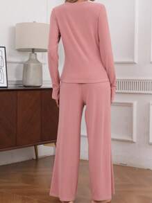 2 Pcs Pajama Set: Soft & Stretchy Milk Silk Women Home Suit, Comfortable Spring/Summer/Autumn Sleepwear, Two Pieces Set - Dusty Pink - View 4