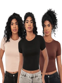 Moderna & Slim Kit 3: Women's Baby Tee - Slim Fit Short Sleeve Blouse - 1 Black and 1 Nude 1 Brown - View 1