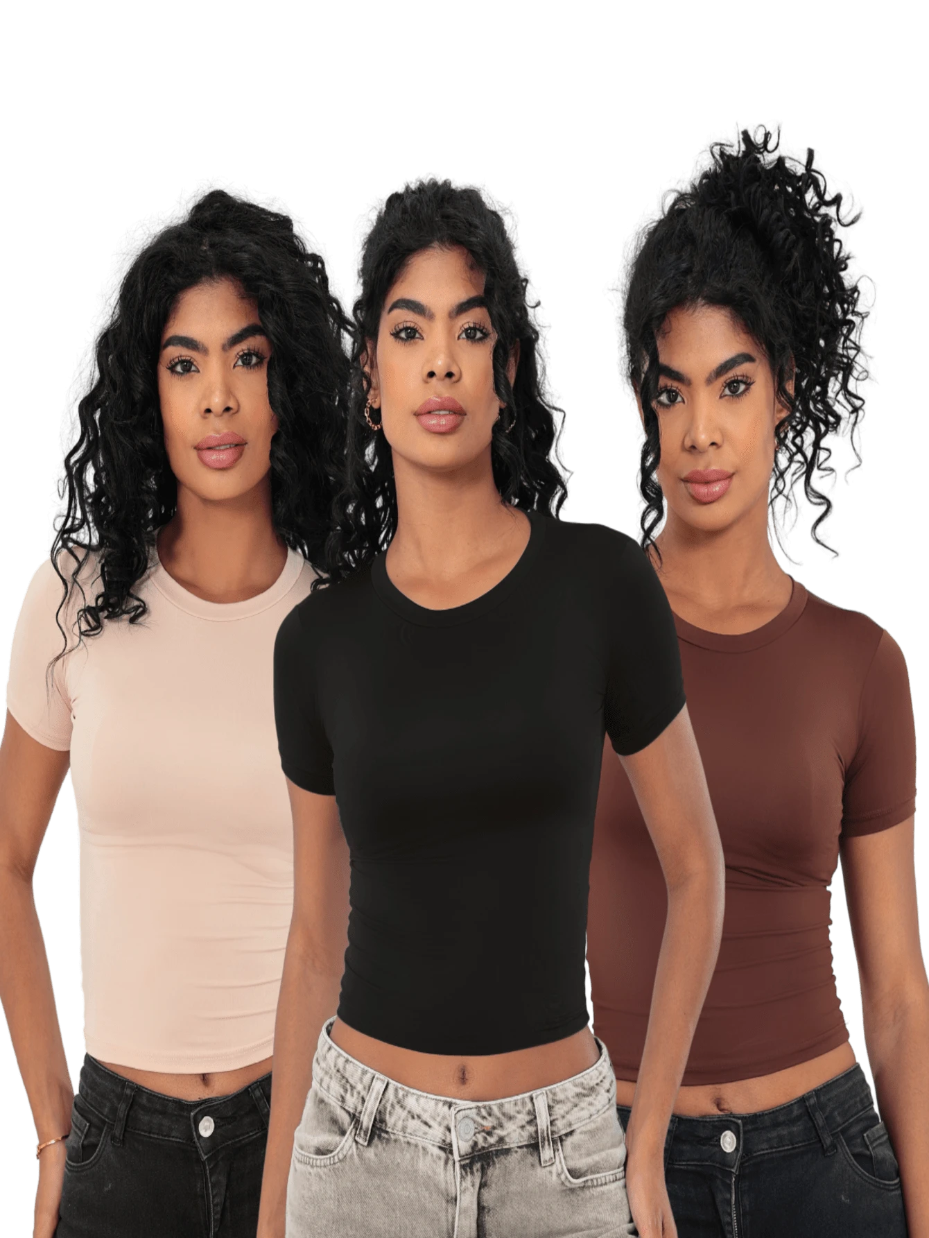 Moderna & Slim Kit 3: Women's Baby Tee - Slim Fit Short Sleeve Blouse - 1 Black and 1 Nude 1 Brown - View 1
