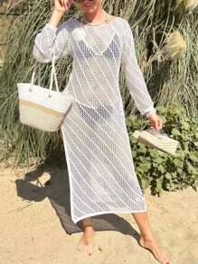 女士圆领透视长袖泳衣罩衫上衣连衣裙夏季节日派对女士服装