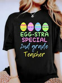 Eggstra Special 2nd Second Grade Teacher Easter T-Shirt T-Shirt- Short Sleeve, Casual, Breathable, Comfortable, Summer & Spring Essential - Women's Clothing Printed Graphic Tee For  T-Shirt Lovers - Black - View 1