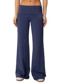 Women Fold Over Yoga Pants Low Rise Solid Color Stretch Casual Straight Wide Leg Palazzo Pants Loose Fit Comfy Flared Leggings Gym Lounge Pants Bootcut Bell Bottoms Baggy Sweatpants Teen Girl Back To School Bottoms Y2k Streetwear - 藍色 - 查看 3