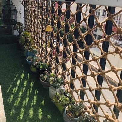 Siatka dekoracyjna z liny 3 m2, ręcznie robiona, grubość liny 8 mm/10 mm, oczko 15 cm, do balustrad balkonowych, ścianek ze zdjęciami, sufitów, ścianek działowych, siatki do wspinaczki po roślinach, w tym lina wiążąca