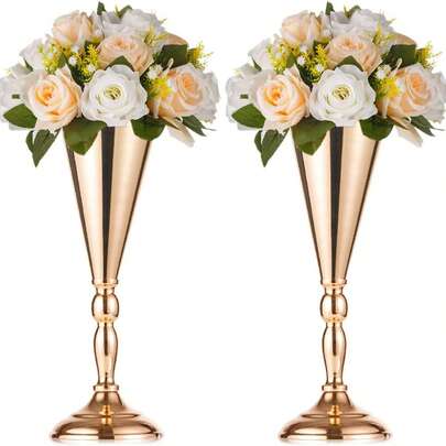1pc Desktop Metal Marriage Trumpet Vase, Suitable For Halloween, Christmas, High Table Centerpiece Decor, Artificial Flower Holder, For Anniversary Party, Birthday Event, Hallway Home Decor (Gold),Christmas