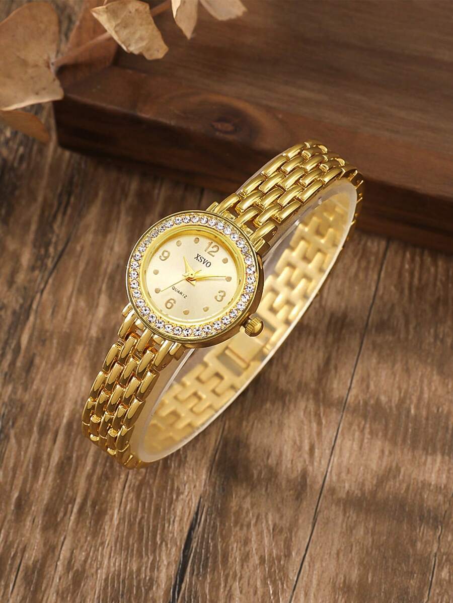 1 件简约时尚混合水钻雕刻表盘钢带石英表，适合作为生日、万圣节、礼物 - 金色 - 查看 1