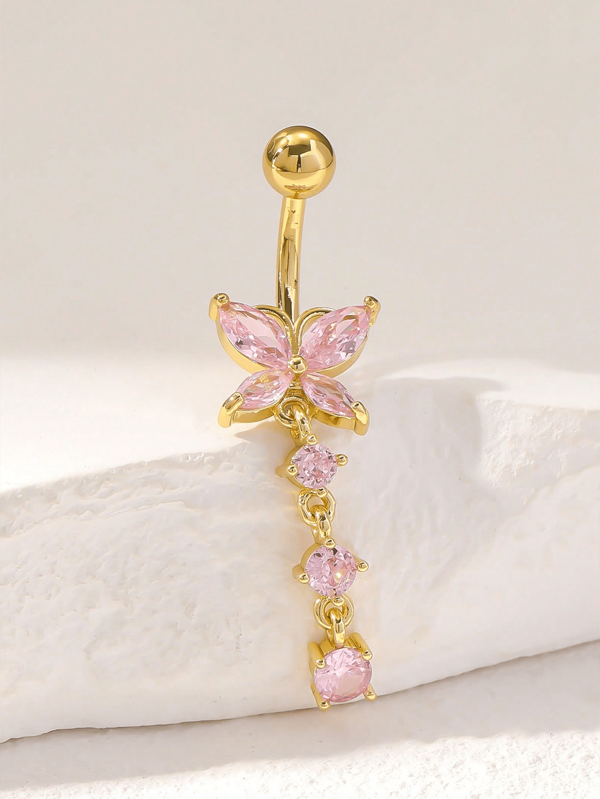 1 pieza Anillo de ombligo con colgante de mariposa con tassel enchapado en oro de cobre con circonita cúbica, apto para uso diario