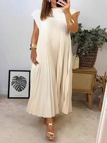 大码女式纯色圆领盖袖直筒宽松褶皱连衣裙