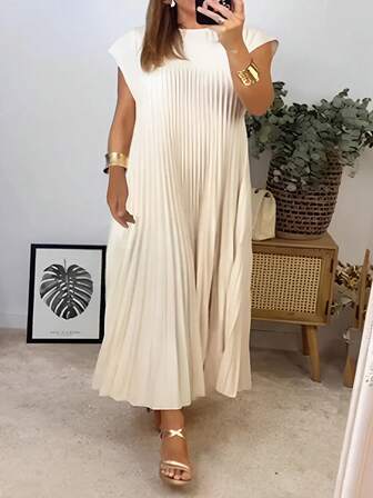 大码女式纯色圆领盖袖直筒宽松褶皱连衣裙