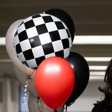 10 个 18 英寸黑白格子圆形气球，赛车主题派对生日装饰，节日派对用品，黑白棋盘氦气球 - 彩色 - 查看 7