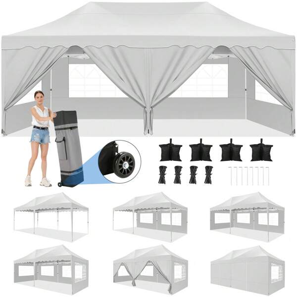 tooluck 10*20 Pop Up Canopy With 6 Sidewalls, UV 50+ And Waterproof Canopy Tent, Thickened Frame, Large Space Easy Pop Up Outdoor Canopy, Party Tents For Weddings, Beaches, Parties, Patio