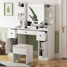 Vanity Desk With Mirror And Lights Makeup Desk With Drawers And Cabinet Vanity Table With Led Light Big Makeup Table