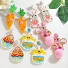 1 对可爱米珠复活节彩蛋耳环、米珠粉红兔子毛绒耳环、米珠萝卜耳环、米珠孵化小鸡耳环，适合女性在复活节佩戴 - 復活節 - 查看 1