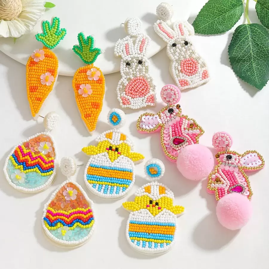 1 对可爱米珠复活节彩蛋耳环、米珠粉红兔子毛绒耳环、米珠萝卜耳环、米珠孵化小鸡耳环，适合女性在复活节佩戴 - 復活節 - 查看 1