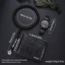 3-Piece Set: Fashionable Men's Alloy Strap Quartz Watch, Suitable For Daily Life, Can Be Used As Gift + Wallet + 33pcs Bead Bracelet