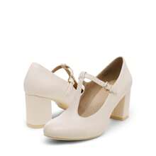 Low Chunky Heels For Women T-Strap Pumps Wedding Dress Shoes - Apricot - View 5