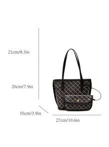 新款时尚经典百搭大容量双手柄字母图案装饰设计撞色设计单肩托特包二合一组合包女士钱包优雅商务通勤包适合通勤上班外出购物时使用 - 黑色 - 查看 3