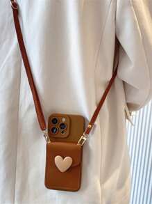 全新可爱斜挎挂绳项链带卡夹硅胶手机壳适用于 iPhone 16 15 14 11 12 13 Pro Max X XR 14 15 16 Plus 3D 心形防震保险杠保护套