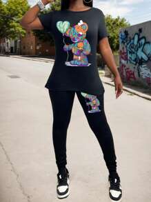 Cute Cartoon Bear Print Casual Loose Sweatshirt And Sweatpants Set - Black - View 1
