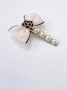 1 件优雅法式复古山茶花和珍珠装饰织物蝴蝶结点缀发夹、侧刘海发夹配件 - 彩色 - 查看 4