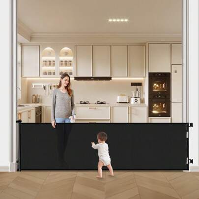 197 Inch Extra Wide Retractable Baby Gate,Mesh Large Baby Gate Or Mesh Pet Dog Gate, Opening Wide Extra Long Child Safety Gate For Indoor, Outdoor, Stairs, Deck(Black,33"X197")