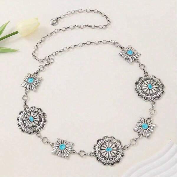 Bohemian Retro Metal Chain Belt, Turquoise Carved Waist Chain, Turkish Blue Acrylic Waist Chain, Christmas Boho Zinc Alloy Waist Chain, All Season