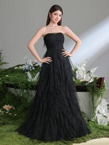 Teen Girls' Layered Mesh Overlay Strapless Party Dress - Black - View 6