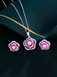 1 Set Beautiful Fuchsia Red Cubic Zirconia Paved Lovely Geometric Flower Pendant Necklace And Stud Earrings Jewelry Set For Women Wedding Engagement Party Accessories - Hot Pink - View 8