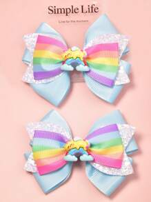2pcs Digital Print Rainbow Glitter Bow Hair Clips, Suitable For Daily Outfits, Festival, Prom, Valentine's Day, Back To School And Graduation Occasions