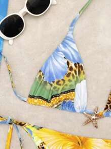 Set de 2 piezas Bikini con estampado de leopardo y flor con decoración de estrella de mar de metal, traje de baño de uso libre en la playa o piscina para señoras (color elegido al azar), con almohadillas desmontables, vestidos de verano para mujeres, ropa de verano para mujeres, festival, faldas, atuendos de Ibiza, traje de baño para mujeres, conjunto de bikini, traje de baño para mujeres, ropa de playa para mujeres, co-ord de vacaciones, vestido de playa, conjuntos de bikinis para mujeres, traje de baño, amarillo mantequilla