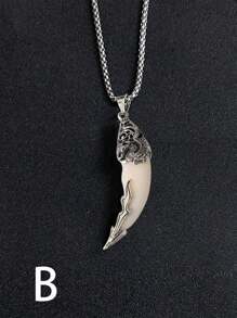 1pc Jewelry Dragon Head Wolf Tooth Pendant, Punk Retro Personalized Tough Urban Hip Hop Stainless Steel Necklace, Party/Birthday Gift - Silver - View 15