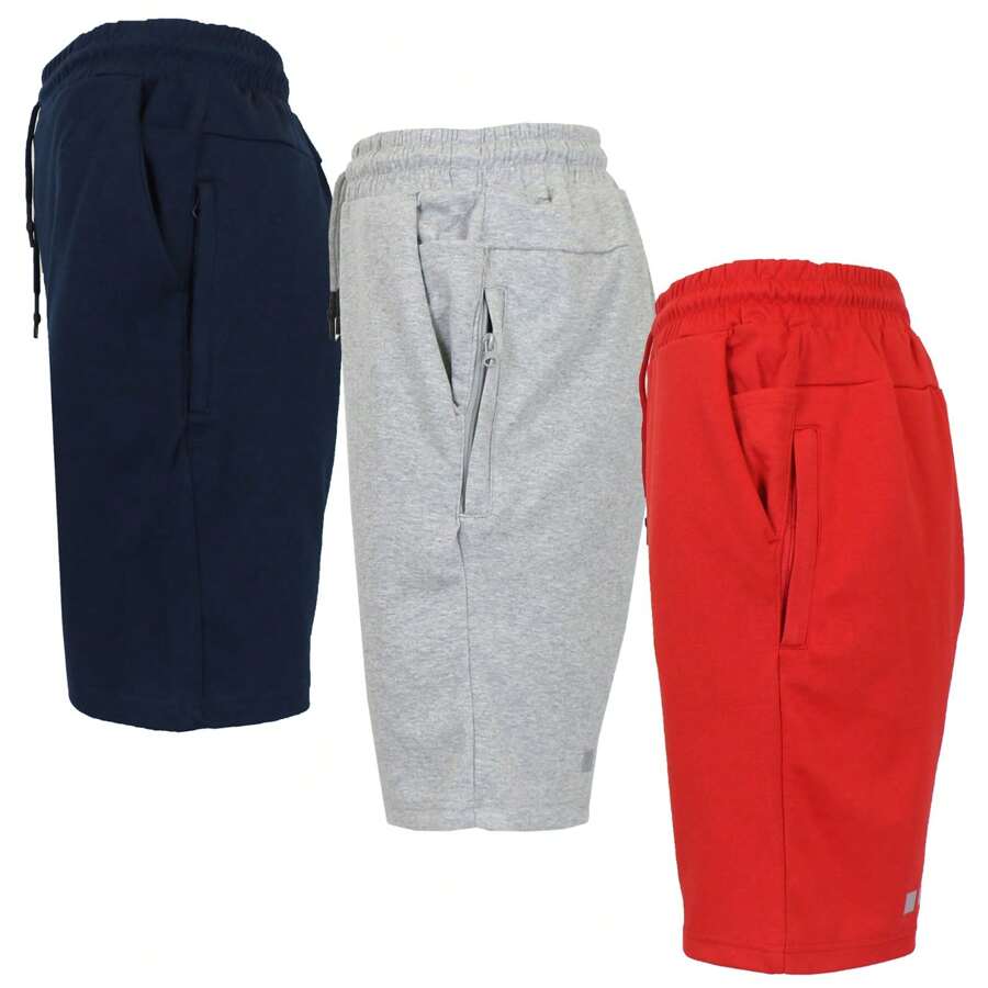 3-Pack Men's Tech Fleece Jogger Lounge Sweat Shorts With Zipper Pockets (Sizes, S-2XL) - Heather Grey - Navy - Red - View 1