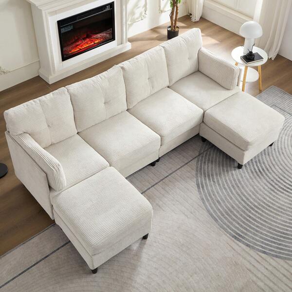 89" U Shaped Sectional Couches, Corduroy Sectional Sofa With Reversible Storage Ottoman, 4 Seater Sofa With Throw Pillows Upholstered L-Shaped Couch For Living Room