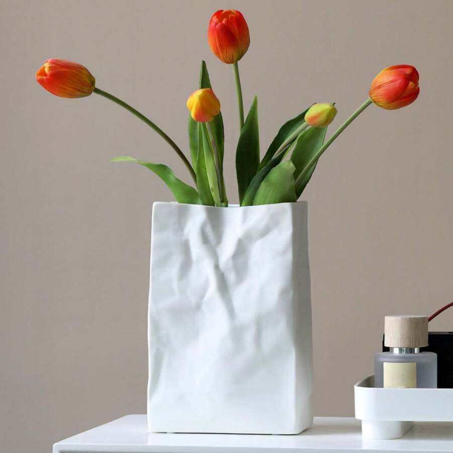 Crinkle Paper Bag Ceramic Vase, Wide Mouth Pleated Vase, Unique White Matte Vase, Minimalist Boho Vase For Flower Arrangement Table Centerpiece Home Office Bookshelf Decor Gifts Birthday Graduation