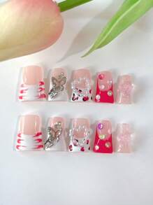 10pcs/Set Y2K Style Handmade Duck Nails Acrylic Duck Mouth Hand-Painted Pink Press On Nails With Heart-Shaped Rhinestones,Butterfly.Suitable For Women And Girls,Party,Daily Wear