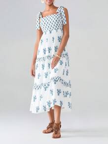 Women's Flower Tie Strap Dress A-Line Square Neck Tiered Ruffled Long Tank Dress For Party Club - 藍色 - 查看 6