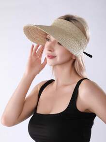 Beach Straw Sun Hat For Women Crochet Frayed Floppy Bucket Hat Wide Brim Sun Protection Straw Hat - A - View 13