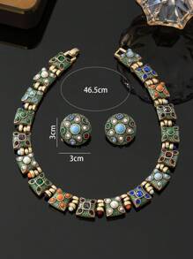 1 条项链和 1 对耳环，波西米亚风格铜合金复古经典珠宝套装，时尚百搭，适合派对，适合节日穿着 - 彩色 - 查看 4