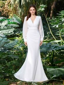 Elasola 白色长袖新娘礼服，采用涤纶雪纺面料，鱼尾廓形，适合婚礼派对、植物园活动和自然主题婚礼的宾客穿着，优雅小白裙 - 白色 - 查看 6