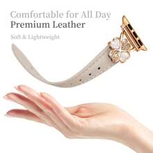 Correa de reloj de cuero genuino compatible con Apple Watch de 38 mm/40 mm/41 mm/42 mm/44 mm/45 mm/46 mm/49 mm - Ultra delgada y refinada, resistente al sudor y cómoda - Diseño de moda elegante minimalista - Diseño de trébol de cuatro hojas con diamante - Compatible con Apple Watch Series 10/9 Ultra/SE/8/7/6/5/4/3/2/1 - Accesorio de repuesto para correa de reloj - Polvo de luz de estrellas - Ver 7