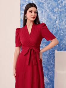 Vestido rojo casual y elegante de cuello en V cruzado, de manga larga, para mujer, de primavera y verano - Burdeos - Ver 5