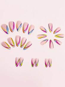 24 Móng tay giả sọc đen bóng nhiều màu dài vừa phải, Miếng dán móng nghệ thuật hình giọt nước kiểu Pháp nhiều màu tương phản, Miếng dán móng thanh lịch, Phụ kiện làm móng - Nhiều màu - Xem 2