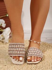 Wide Fit Women Flat Pearl & Rhinestone Decor Square Toe Slip On Slippers, Suitable For Summer - Beige - View 6
