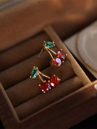 1 对优雅红水晶樱桃耳钉，百搭小巧女士耳环，适合派对和礼物