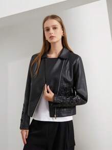 女士时尚编织皮夹克（配领带）、休闲仿皮夹克