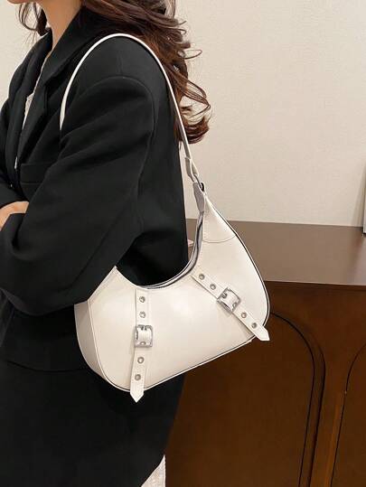 1 件简约百搭纯色 PU 皮革拉链开口优雅时尚女士单肩包带金属腰带扣新月设计，适合工作、通勤、约会、购物，也可作为礼物