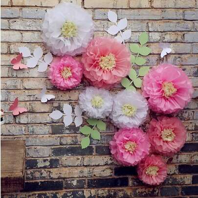 Bộ 23 bông hoa giấy Pom Poms mềm mại, hoa cúc giấy lụa với bướm và lá ô liu dùng cho tiệc cưới, tiệc sinh nhật, tiệc chia tay cuộc sống độc thân, trang trí phông nền tường phòng độc thân, tiệc & sự kiện, trang trí Pom Poms