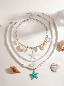 1pc Bohemian Beachy Style Resin White Faux Pearl Starfish Shell Pendant Necklace, Women Holiday Beach Party Gift, Middle East Ramadan Event
